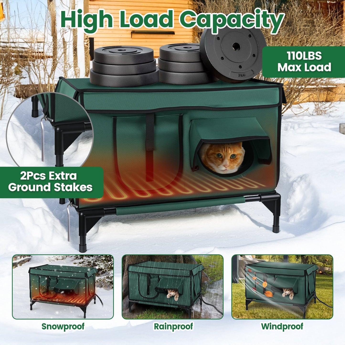 1Pc Waterproof Heated Cat House Outdoor Weatherproof Insulated Kitty Shelter Feral Cat Heating Bed With Heating Pad Anti-Chew Cord 2 Doors 3 Windows For Indoors Outdoors Winter Summer