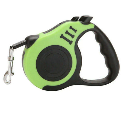 Automatic Retractable Dog Leash - Dual Size Options with Brake & Lock Safety System in green and black design.