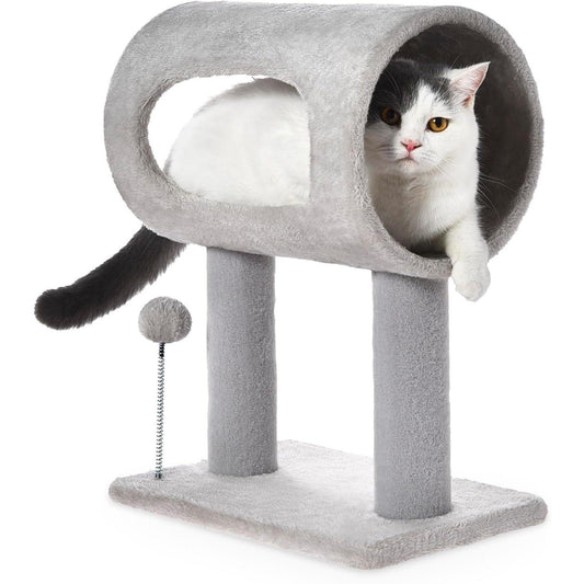 Gray Indoor Cat Tree With Hanging Ball 20.5Cat Tree With Tunnel Bed And Scratching Post Cat Tower