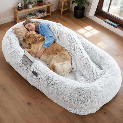 Human Dog Bed, Washable Faux Fur Dog Bed For People Doze Off, Napping Orthopedic Dog Bed,71'x45'x14  Size Fits You And Pets Grey