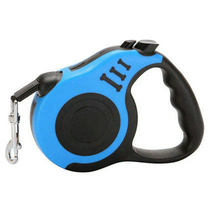 Automatic Retractable Dog Leash - Dual Size Options with Brake & Lock Safety System in blue and black design.